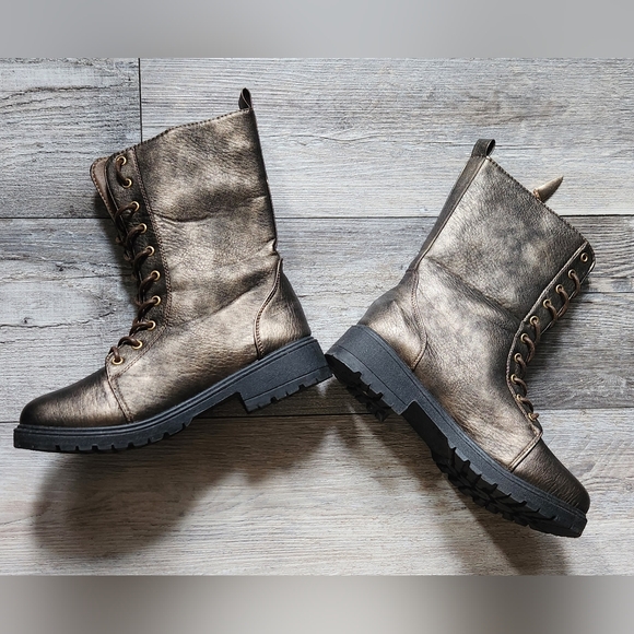 Seven7 Mr. Zipper Faux Leather Bronze Combat Moto Boots - Picture 2 of 10